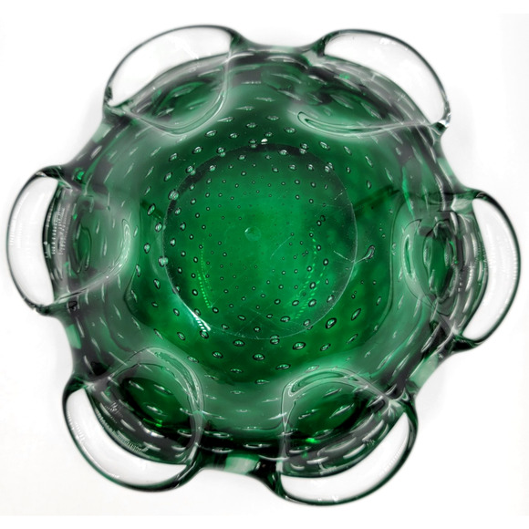 Murano Green Bullicante Controlled Bubble Art Glass Bowl Ruffled Edge 8" Italy - Picture 9 of 9